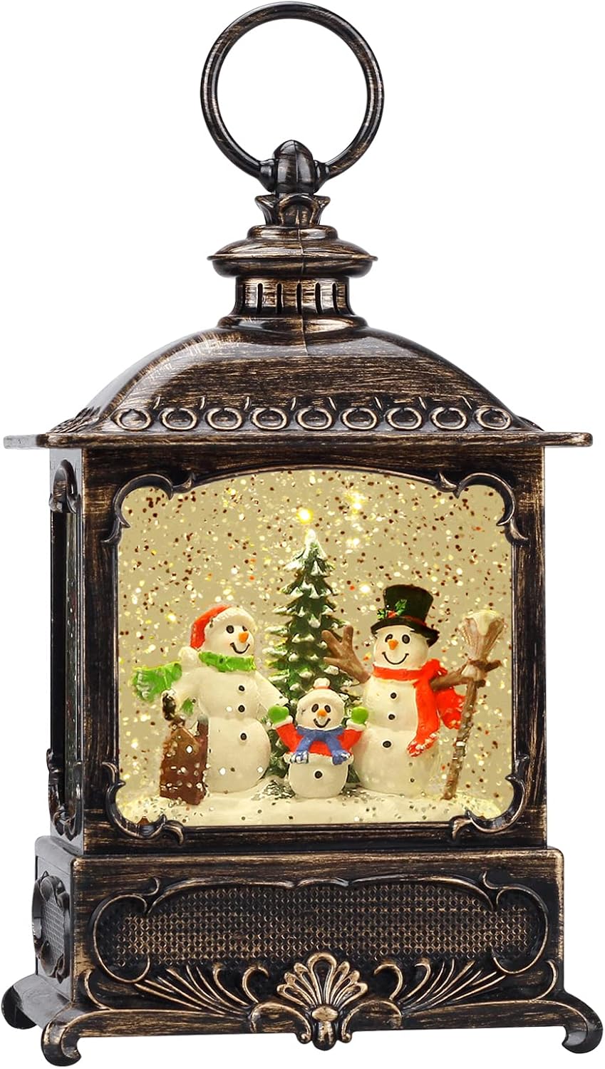 Snow Globes - Christmas Church Decorations Musical Snow Globe Lantern, Lighted Snow Globe with Swirling Glitter, 3 AA Battery Operated & USB Powered, Snowman Family Interior
