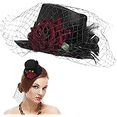SHINEOFI Retro Mini Top Hat with Red Rose - Veil Satin Fascinator Hair Clip for Vintage Halloween Costume & Party Hair Accessory
