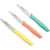 Arcos Paring Knife Set of 3 Pieces 4 Inch Stainless Steel. Colorful Kitchen Knives for Peeling Fruits and Vegetables. Ergonomic Polypropylene Handle. Series Nova. Color Orange, Yellow and Blue.