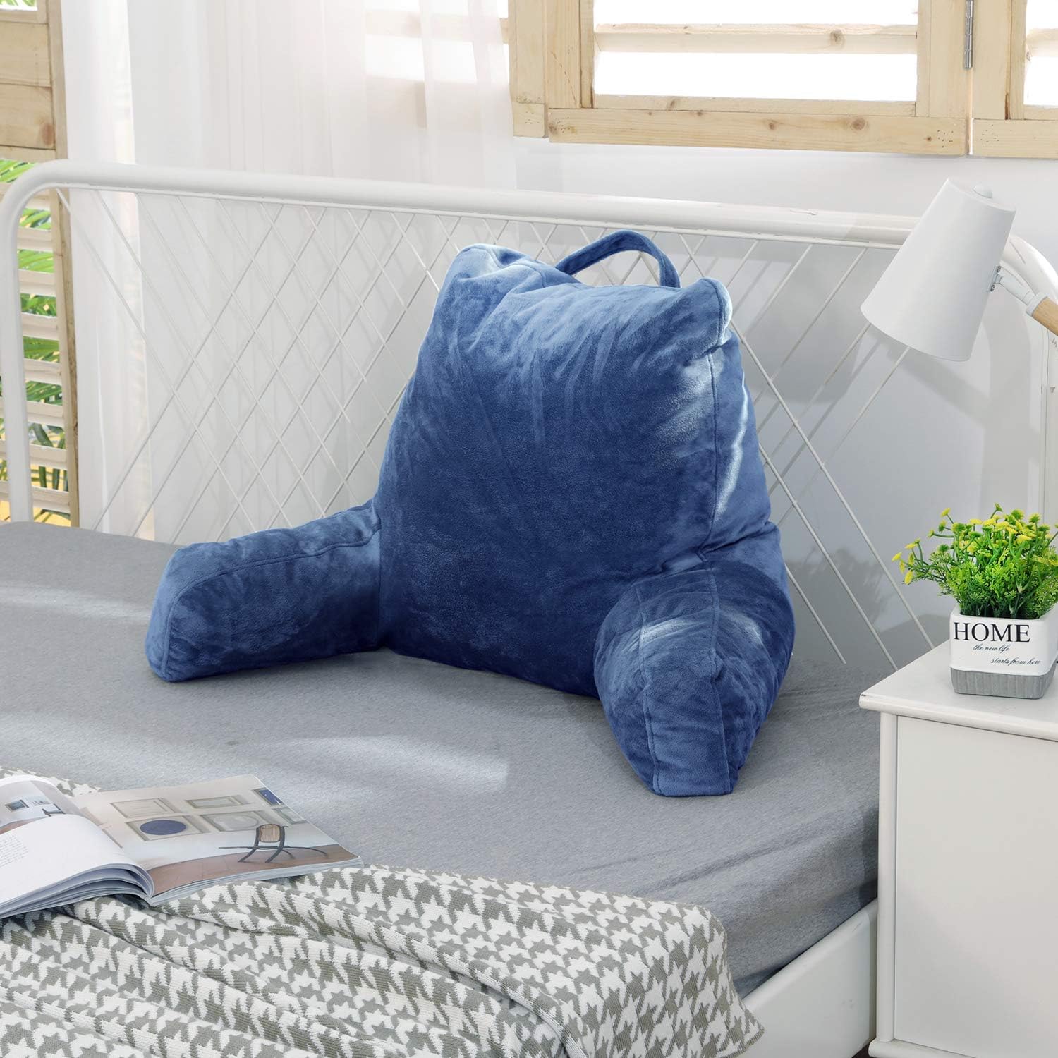 FASO Reading Pillow with Arms for Sitting in Bed，Adult Back Support for Bed with arms,Backrest Lounge Cushion with Pockets for Reading/Watching TV-18inch(Navy Blue): Kitchen & Dining