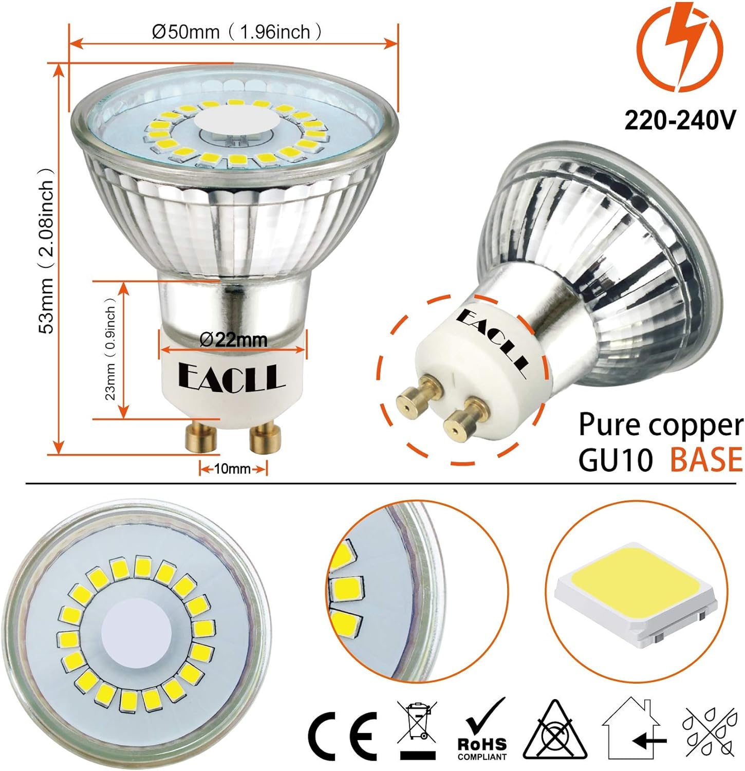 EACLL GU10 LED Bulbs Cool White 4.8W Equivalent 75W Halogen, Pack of 6, 585 Lumen 6400K Reflector Lamp - Image 3