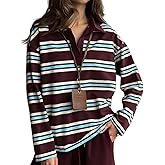 Perbai Women's Rugby Striped Polo Shirt Casual Collared V Neck Button Long Sleeve Y2k Sweatshirt 90s Streetwear