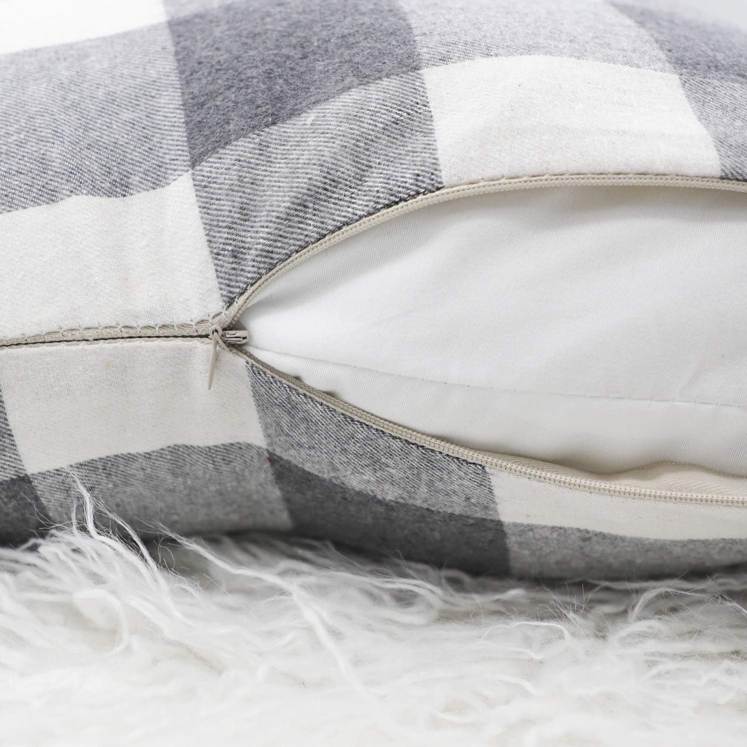 4TH Emotion Set of 2 Farmhouse Buffalo Check Plaid Throw Pillow Covers Cushion Case Cotton Polyester for Sofa Grey and White, 18 x 18 Inches: Home & Kitchen