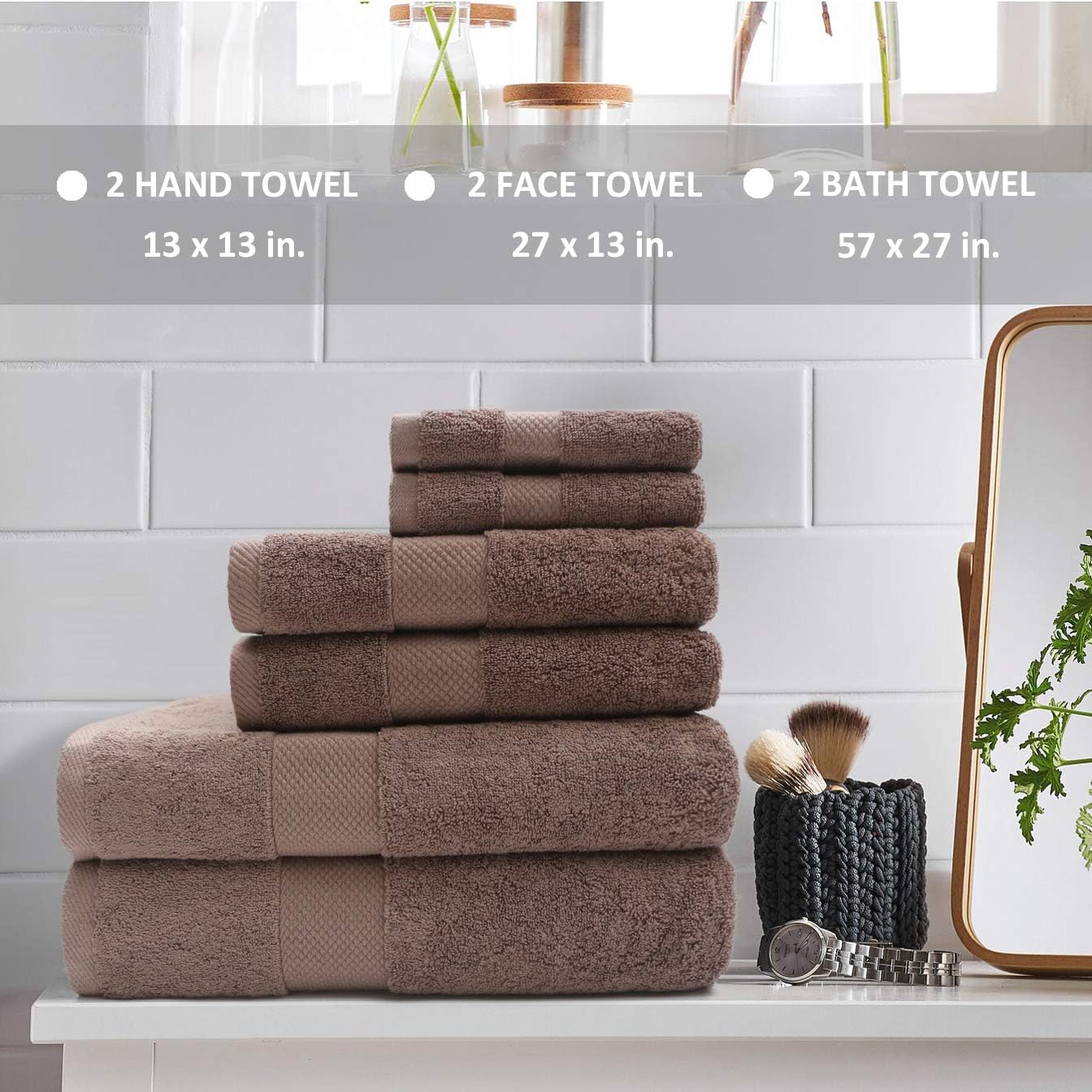 COGNATIO 6 Piece Towel Set, 2 Bath Towels, 2 Hand Towels, and 2 Washcloths, 100% Cotton Highly Absorbent Towels for Bathroom, Hotel, Spa - Coffee: Kitchen & Dining