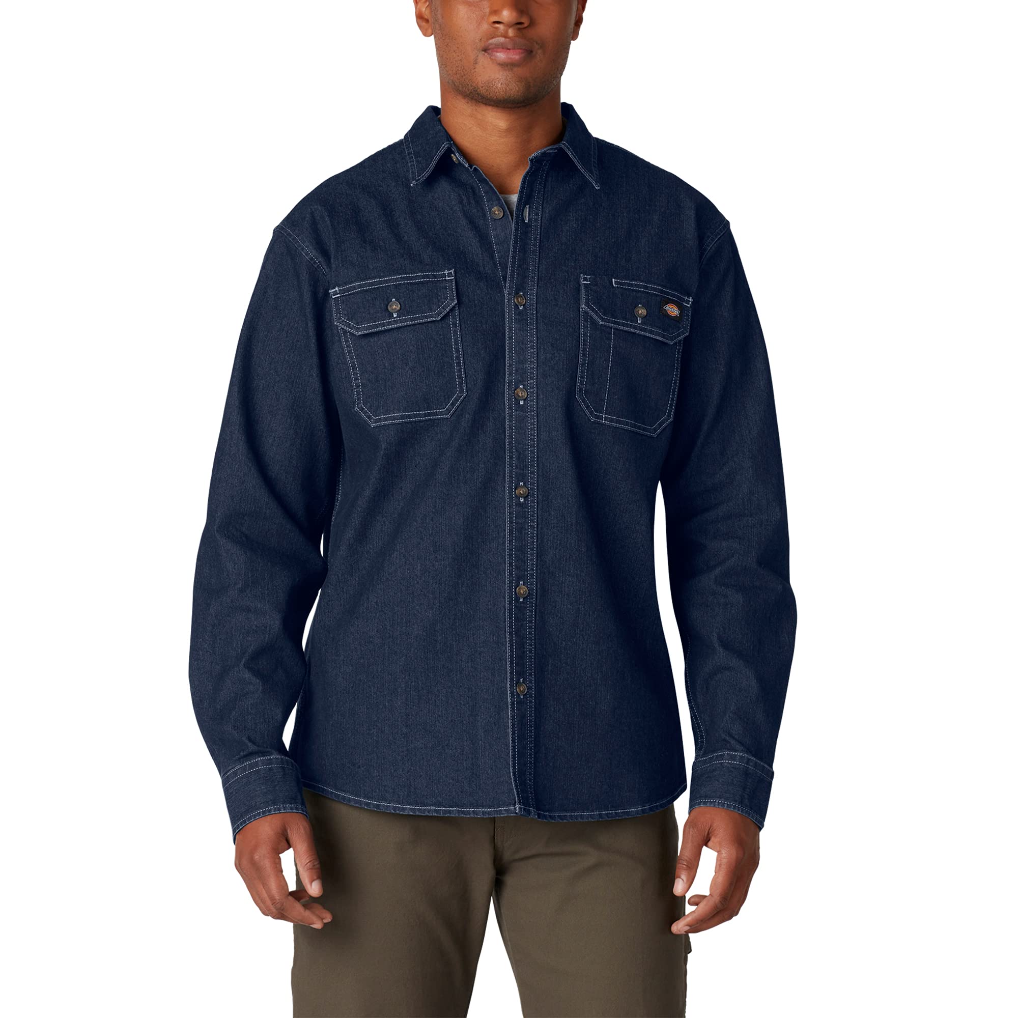 Dickies Mens Flex Denim Long Sleeve Button Down Shirt, Dark Denim Wash, 2X US