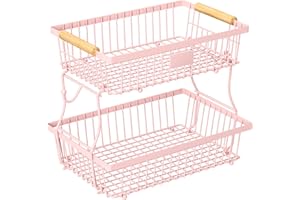 Astrorhine 2 Tier Fruit Basket for Kitchen Counter with 2 Banana Hangers, Countertop Metal Fruit Bowl with Wooden Handle, Lar