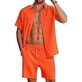 LecGee Men's 2 Piece Vertical Striped Textured Outfits Summer Casual Button Down Shirts and Shorts Matching Sets