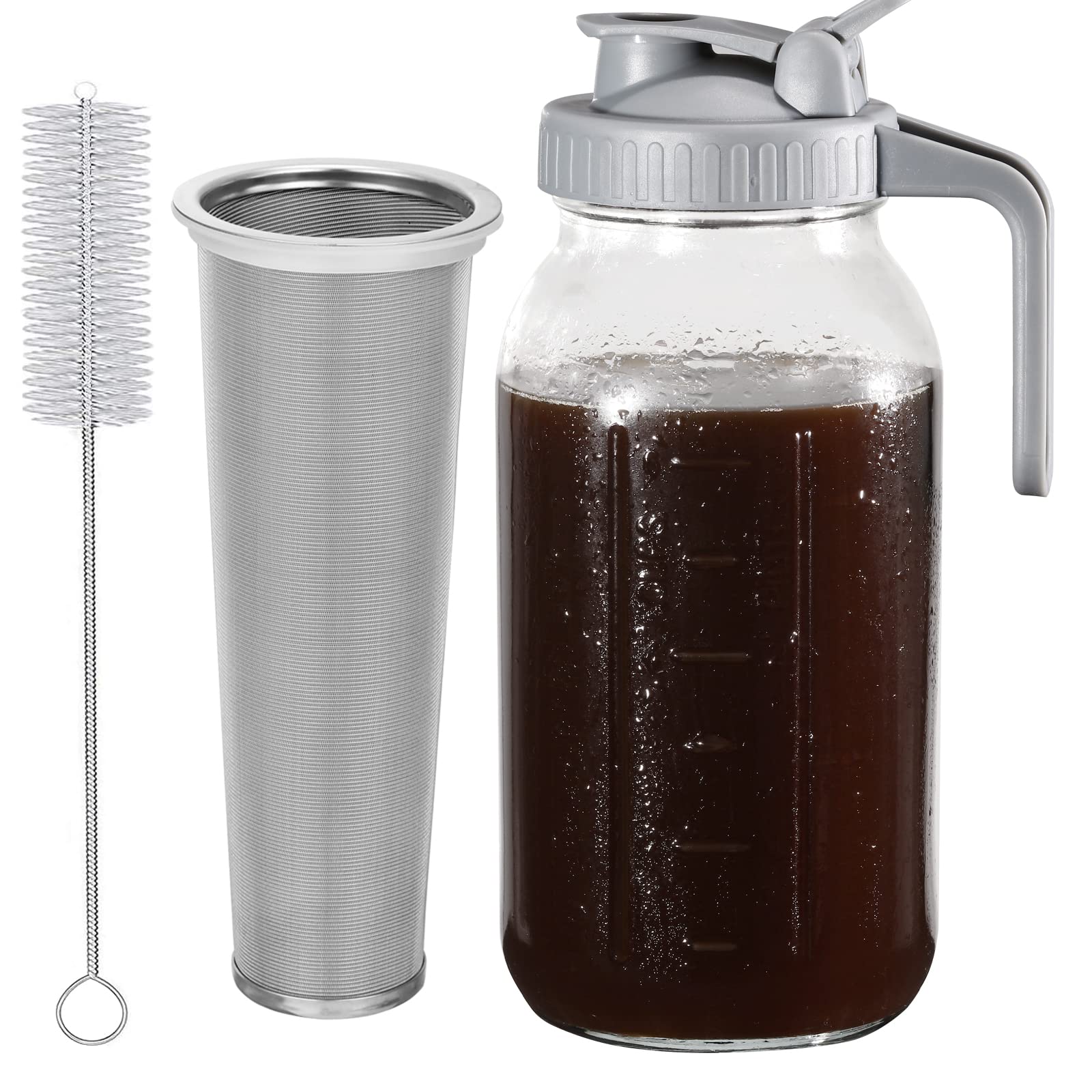 Photo 1 of **PITCHER ONLY/NO FILTER OR BRUSH***Glyntrof Cold Brew Coffee Maker Pitcher, 64 Oz Heavy Duty Wide Mouth Glass Mason Jar pour spout Lid with Stainless Steel Filter for Iced Coffee, Ice Lemonade, Fruit Drinks, Sun Tea