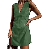 Megfie Womens Summer Cotton Linen V Neck Short Dress Sleeveless Mini Dress Casual A Line Tank Sundress