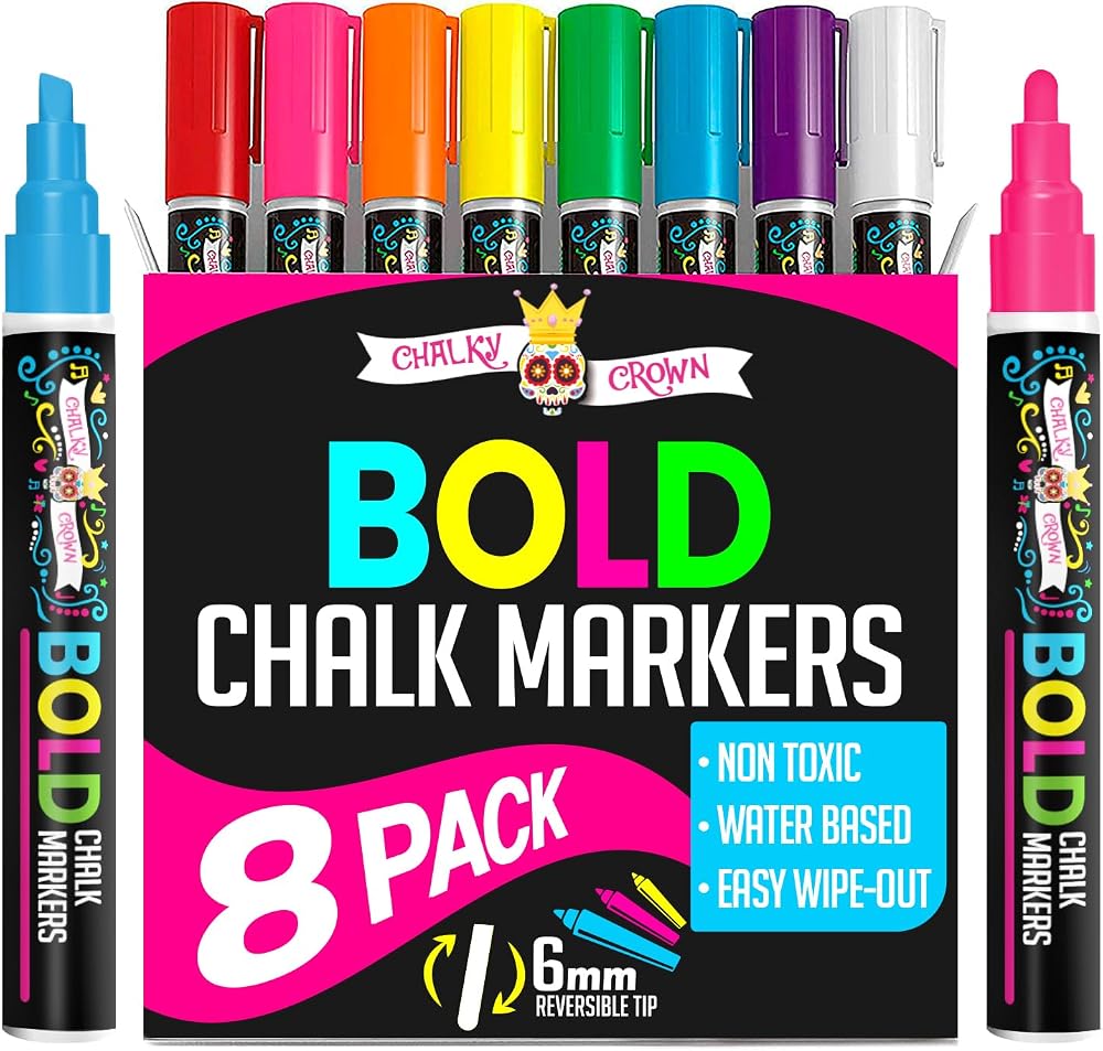 CHALKY CROWN Liquid Chalk Markers - Bold Chalkboard Markers - 8 Pack, 6mm | Vibrant Liquid Chalk Markers for Chalkboards, Gla