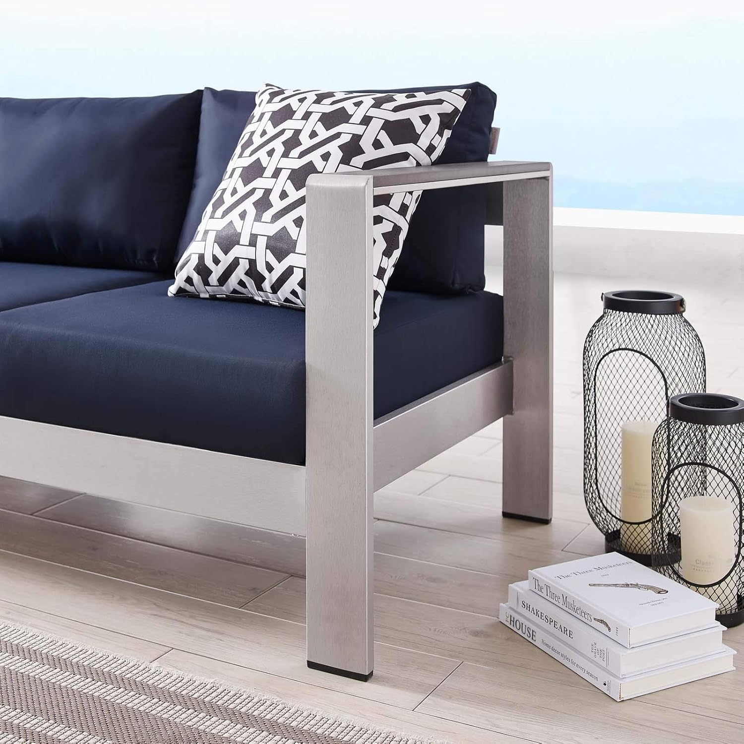 Modway Shore Aluminum Metal Outdoor Patio Sofa With Silver Navy All-Weather Cushions : Garden & Outdoor
