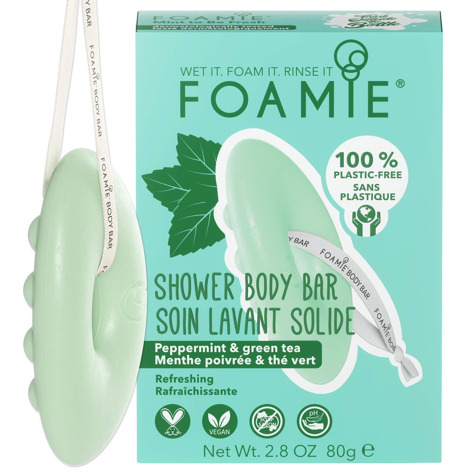 FOAMIE Shower Body Bar, Peppermint & Green Tea. Plastic-Free, Soap-Free, No Sulphates or Parabens. Made Sustainably in the UK. 100% Vegan and Cruelty free. Environmentally friendly solution.