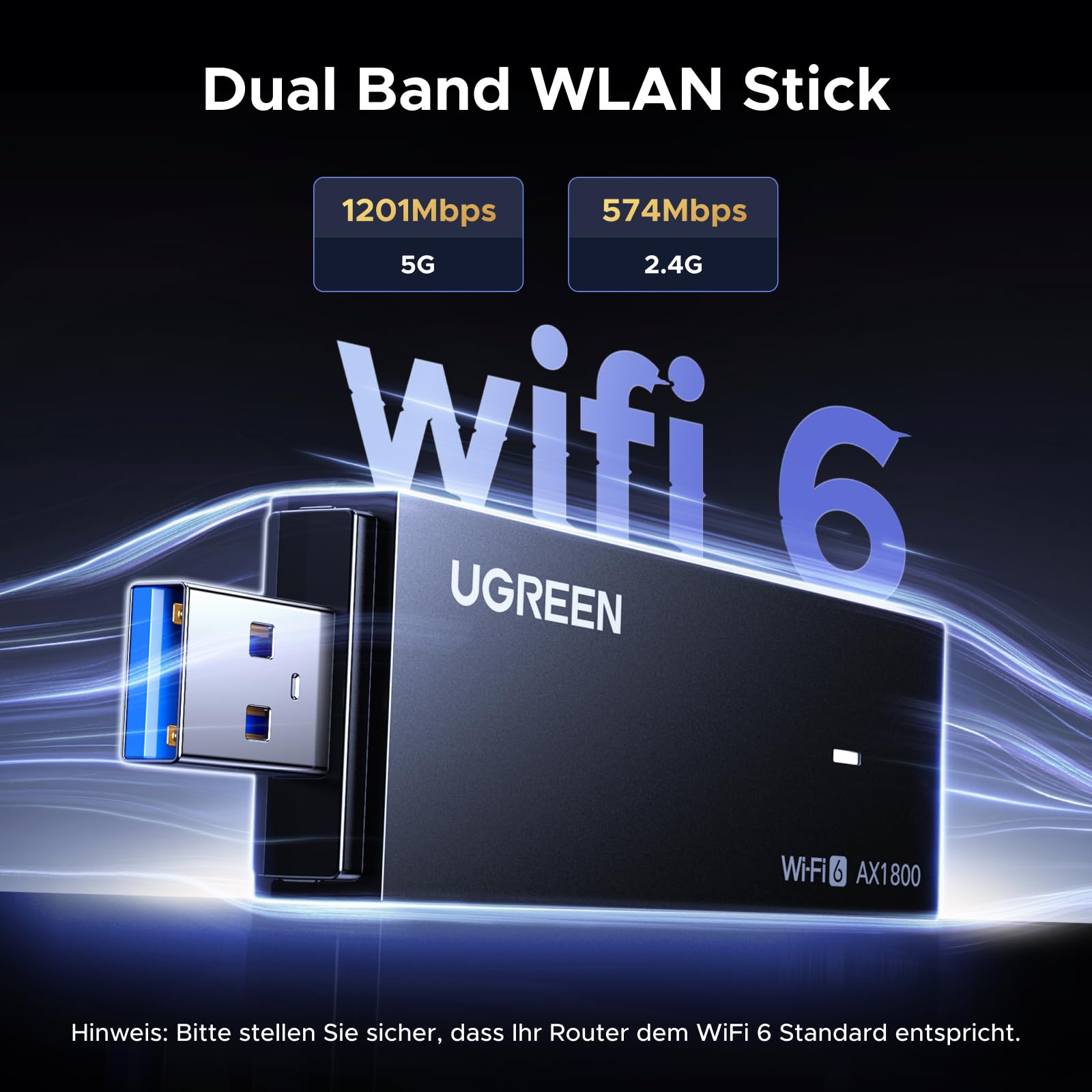 UGREEN WLAN Stick für PC WiFi 6 AX1800 WLAN Adapter PC Dual Band 5GHz/2.4GHz, USB WLAN Stick eingebauter Treiber, OFDMA+MU-MIMO, WPA3-SAE, WiFi Dongle kompatibel mit Windows 11/10. 3