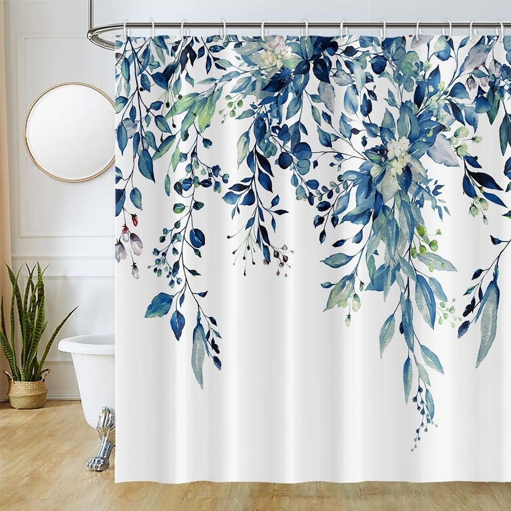 Eucalyptus Shower Curtain, Uiiooazy Blue Green Leaves White Floral Bath Curtain Mildew and Mould Proof Waterproof Polyester Fabric Washable Opaque Shower Curtain with 12 Hooks for Bathroom 180Wx200Hcm