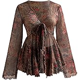 GORGLITTER Women's Bell Sleeve Tops Tie Front Sheer Mesh V Neck Ruffle Peplum Blouse Top