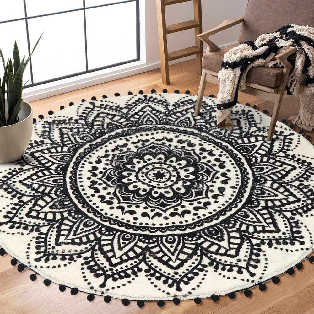 Uphome Boho Round Rug for Bedroom 4' Circular Beige and Black Area Rug with Pom Poms Fringe Washable Mandala Accent Throw Rugs Non-Slip Soft Floor Mat for Living Room Sofa Kids Room Nursery
