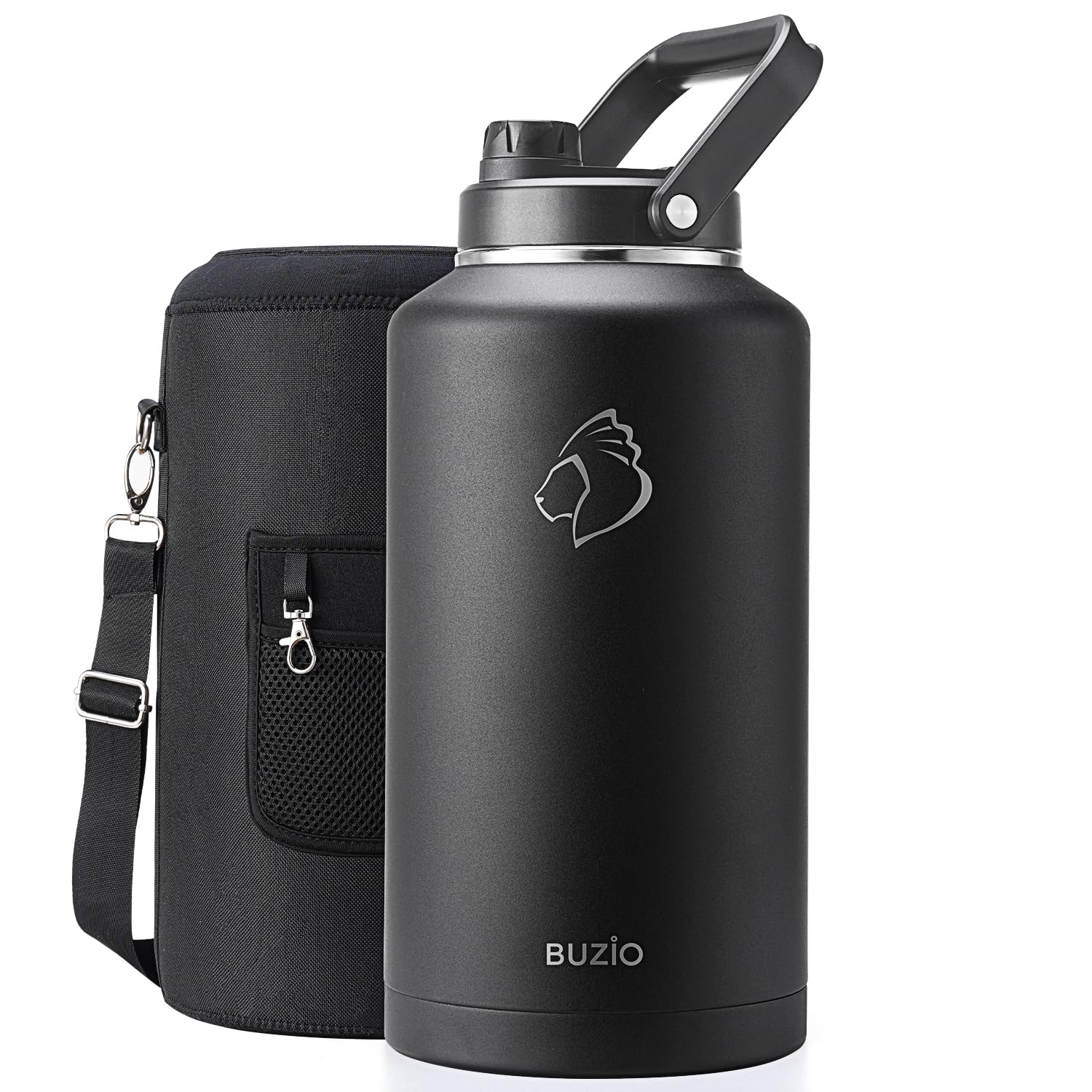 Photo 1 of BUZIO 2 Gallon Water Bottle Insulated, (Cold for 48 Hrs) 256oz Extra Large Water Jug Stainless Steel, 4.4in Big Wide Mouth Leak Proof Metal Flask with Handle for Camping,Outdoor Work,Travel, Black