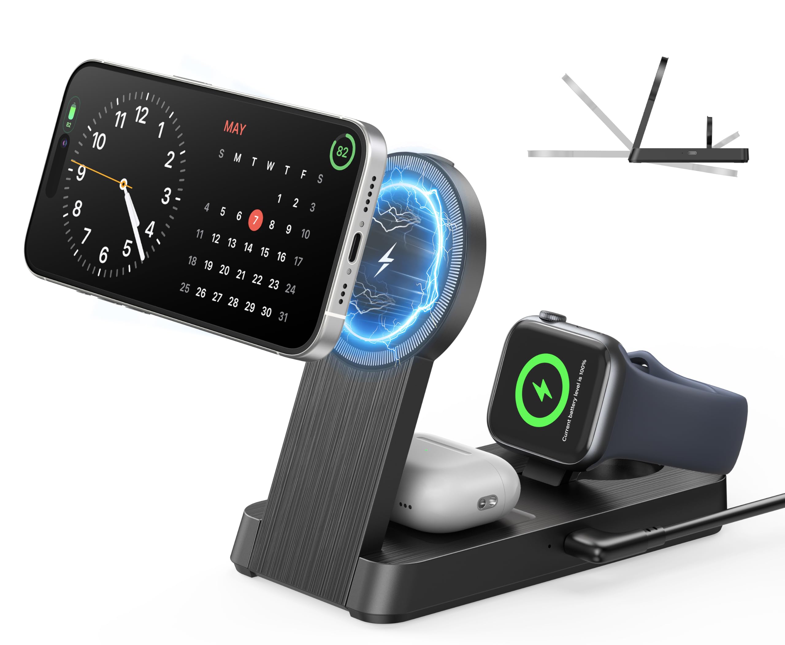 Photo 1 of 3 in 1 Magnetic Wireless for iPhone Charging Station: Foldable Portable Charger for iPhone 16-12 Pro Max & Apple Watch & AirPods, for Apple Multiple Devices Charger for Home,Office&Travel