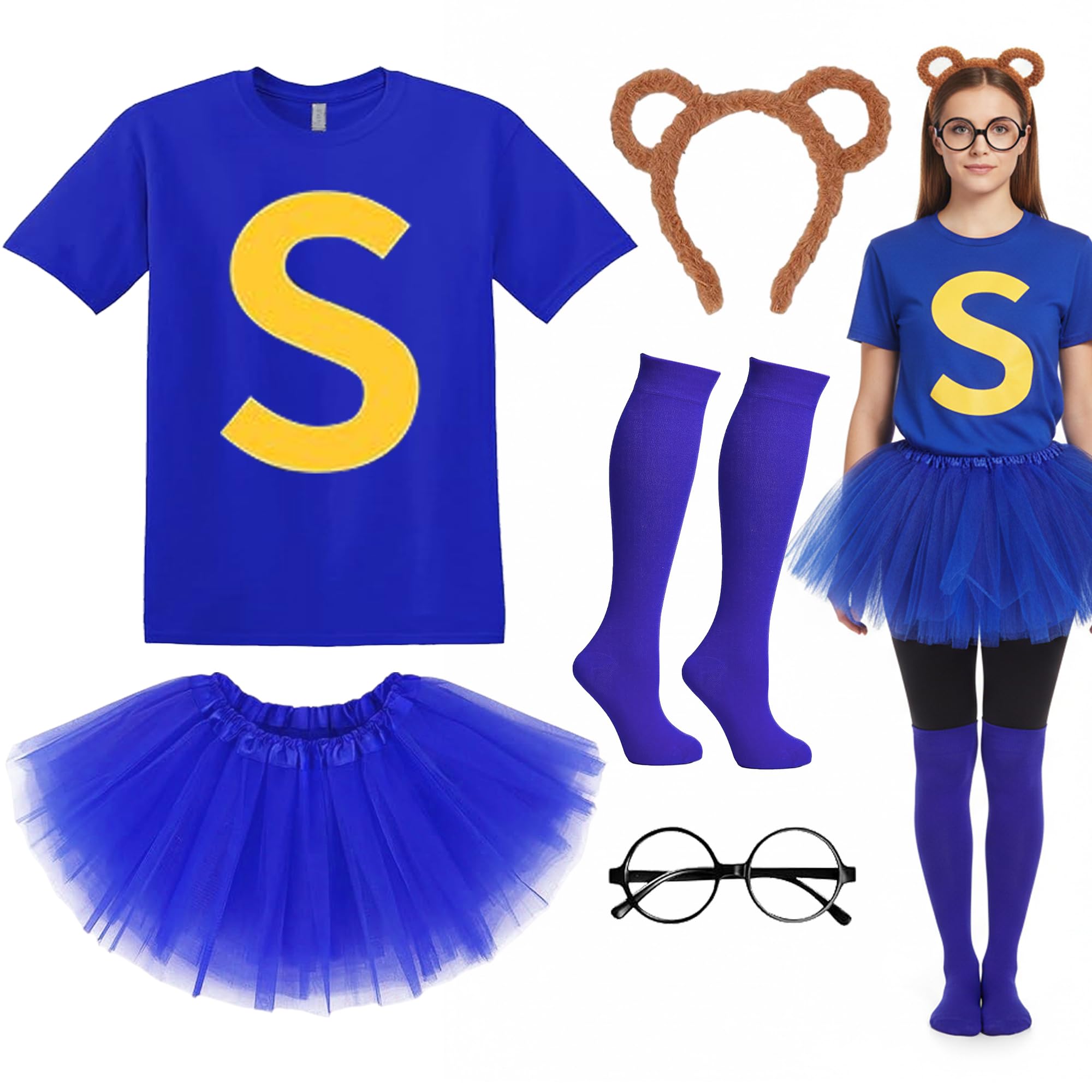Soireeparty 5Pcs Chipmunks Costume Fancy Dress - Blue Letter S Shirt Tutu Skirt Knee High Socks Round Glasses and Animal Ear Headband, Animal Cosplay for Adults Teens World Book Day Dress Up(M) — image 1