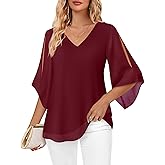 Bebonnie Womens Ruffle 3/4 Sleeve V Neck Double Layers Chiffon Blouses Dressy Tops Wine XL