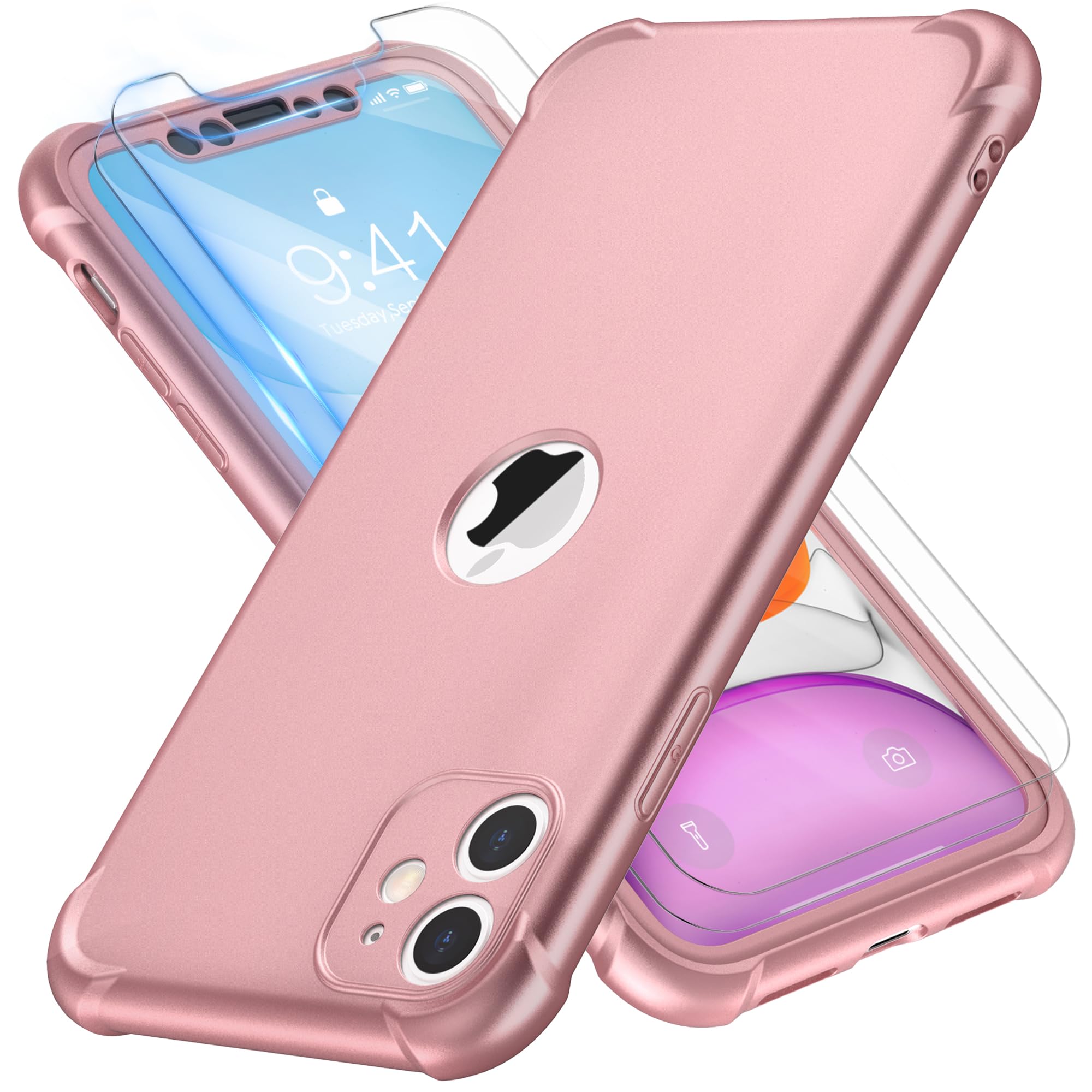 ORETECH for iPhone 11 Case, with [ 2 x Tempered Glass Screen Protector] 360 Shockproof Heavy Duty Protection Ultra Thin Hard PC Silicone TPU Rubber Bumper Cover for iPhone 11(2019) - Rose Gold