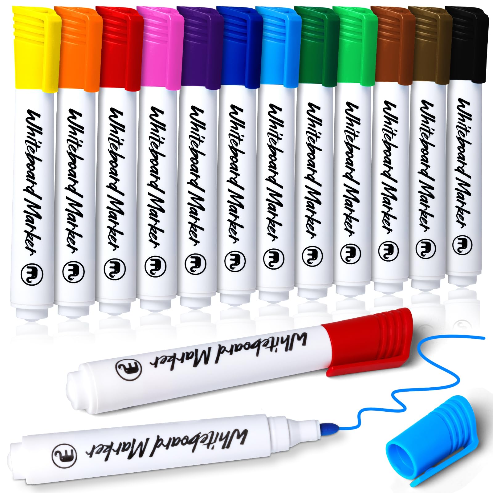 Reaeonat Whiteboard Markers, 12 Pack Dry Erase Bullet Tip White Board Pens Vivid Colour Ink Marker Pen for Home Office Uses