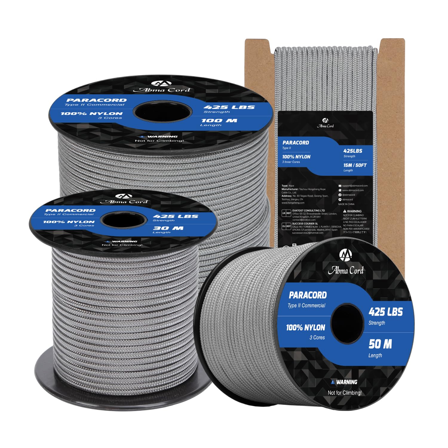Abma Cord Paracord 3mm 50m 100% Nylon Rope Type II 3 Strands Parachute Cord - Max. 192kg (425lbs) - Grey