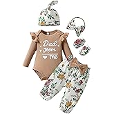 ChuYuKu Baby Girls Clothes Newborn Ruffle Sleeve Romper Infant Winter Outfits Floral Pants Set with Headband & Mittens 0-6M