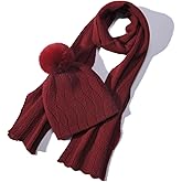 Knit Hat Scarf Set with Detachable Pom Pom, Wool Blend Winter Beanie & Long Scarf, Cold Weather Accessories for Women
