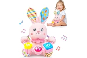 HOLAXANDER Baby Rabbit Musical Stuffed Animals Toy,Infant Bunny Bilingual Early Learning Education Toy with Light-Up Music & Crinkle,1st Easter Basket Shower Stuffers for 0 1 2 3 6 9 12 18 Month Girl,Pink