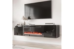EROMMY 70'' Wall Mounted Floating TV Stand with 36'' Electric Fireplace, High Gloss Entertainment Center with Storage, 12 Flame Color Heater for TVs Up to 80'', All Black TV Console for Living Room
