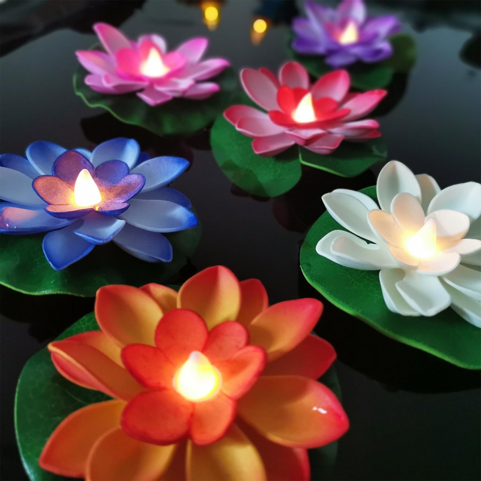 Photo 1 of 6 Pcs Diwali Lotus Lamp Decorations, Led Waterproof Flameless Lotus Tea Lights with Water Lily Pad, Home Garden Pond Indian Temples Pooja Gifts