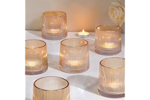 DARJEN Gold Ribbed Tealight Votive Candle Holders- 6Pack Glass Candle Holders for Table Centerpiece, Home Decor, Wedding Decor, Party Dinner