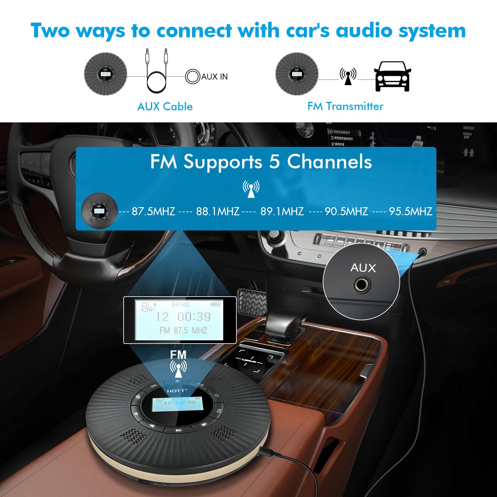 HOTT Portable CD Player Built-in 4 Speakers Stereo Sound,Bluetooth 5.3 Anti Skip CD Player,FM Transmitter,A-B Repeat AUX Cable Rechargeable 1800mAh Small CD Players for Car