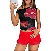 MakeMeChic Women's Mesh Floral Asymmetrical Neck Tank Crop Top Ruched Sleeveless Shirt
