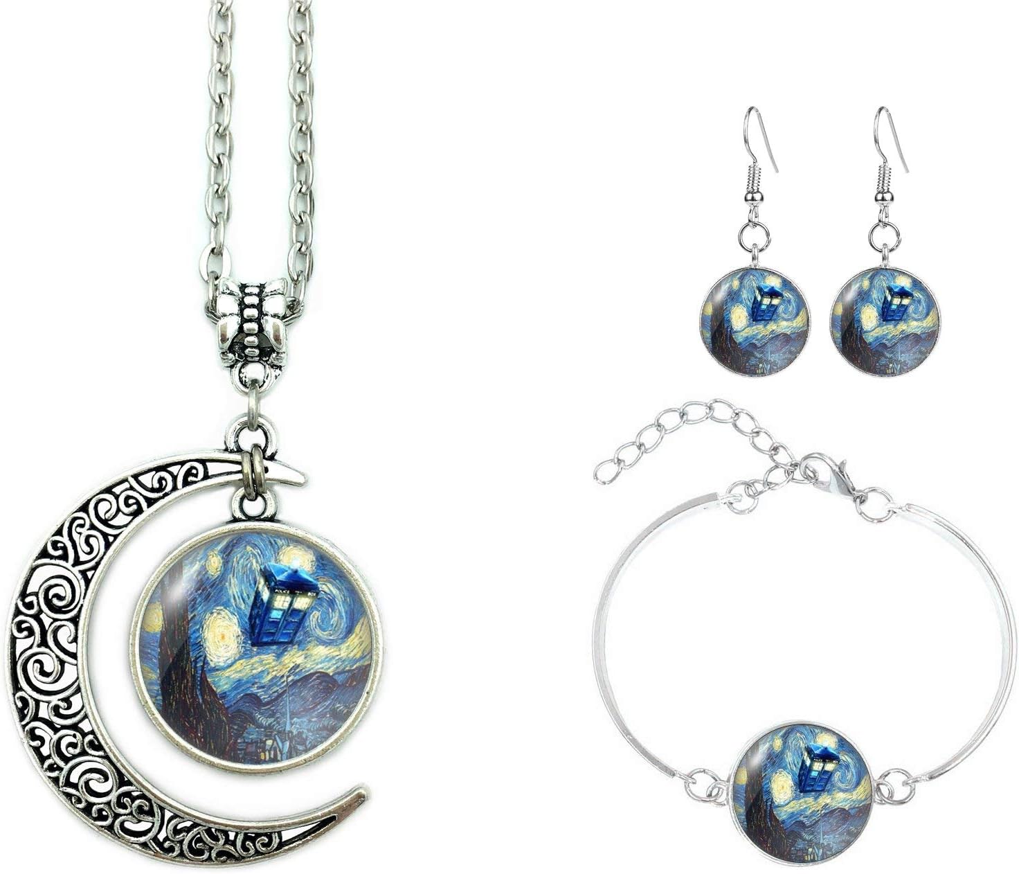 ALNDAMoon Necklace Crescent Pendant Star Night Charms Gift for Women (Necklace Bracelet Earrings)