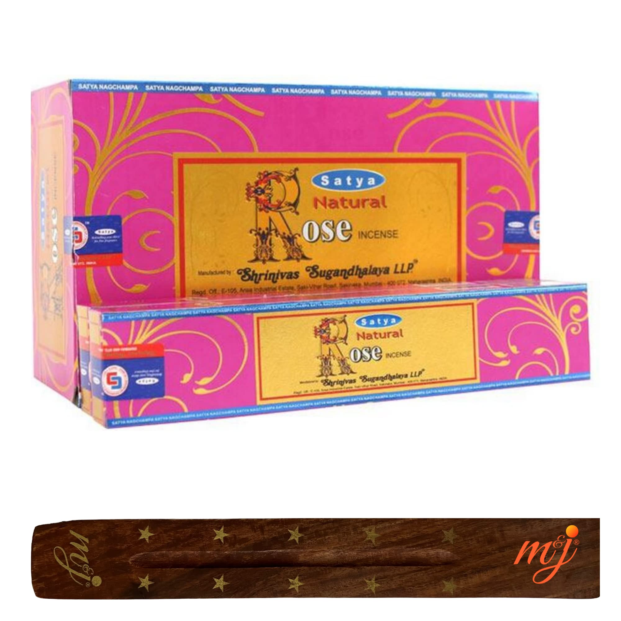 Original Satya Nag Champa Natural Rose Incense Sticks | with M&J incense sticks holder | Full Box | for Aromatherapy, Spa, Yoga, Weddings, Meditation, Healing, Positivity and Relaxation