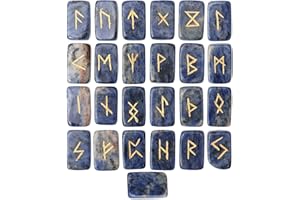 Crocon Sodalite Rectangle Shape Gemstone Runes with Elder Futhark Alphabet Engraved 25 pcs Rune Set Crystal Divination Metaphysical Healing Chakra Reiki Runes Set with a Pouch Size : 20-25mm