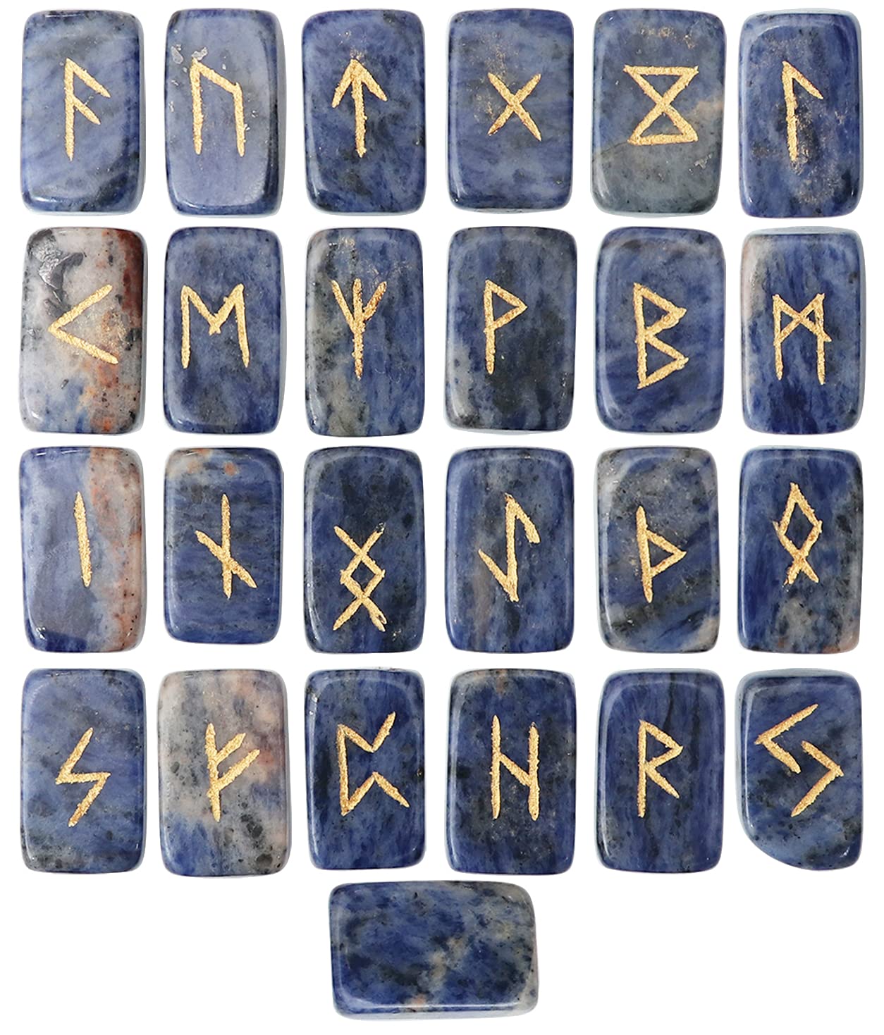 Crocon® Sodalite Rectangle Shape Gemstone Runes with Elder Futhark Alphabet Engraved 25 pcs Rune Set Crystal Divination Metaphysical Healing Chakra Reiki Runes Set with a Pouch Size : 20-25mm