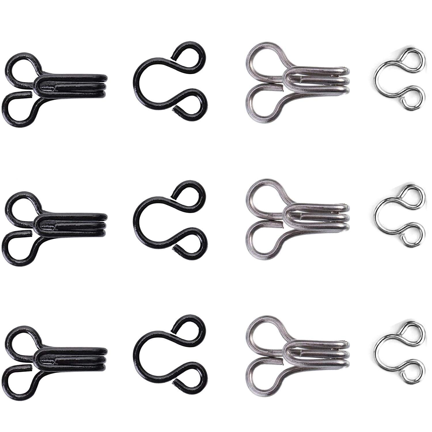 QQA 60 Pairs Sewing Hooks and Eyes Closure for Bra Clothing Trousers Skirt DIY Craft, 3 Sizes (Silver, Black)