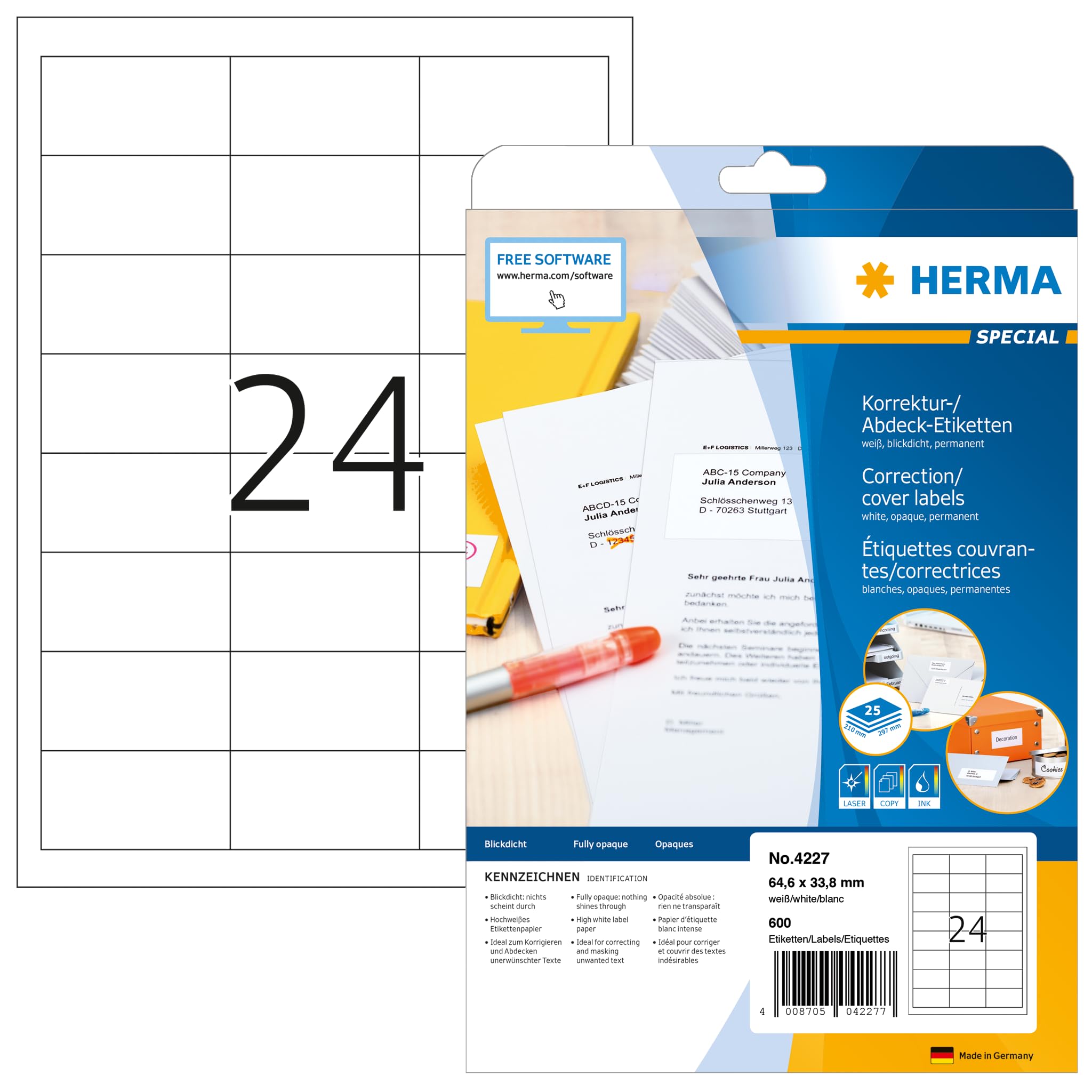 HERMA Self Adhesive Correction Labels, 600 Labels, 25 Sheets, 64.6 x 33.8 mm, White, Opaque, Permanent Adhesion, Suitable for Inkjet & Laser Printers