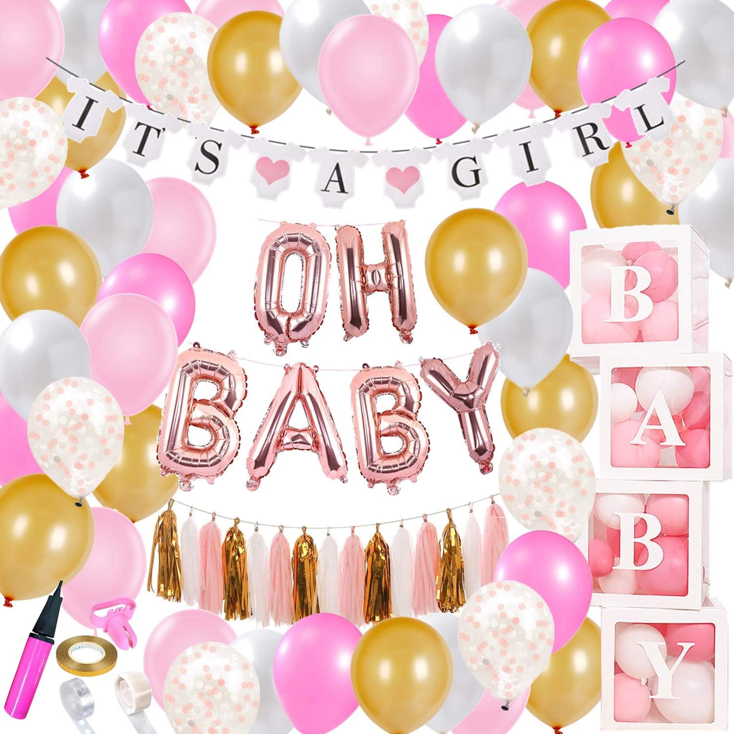 Baby Shower Decorations for Girl, Confetti Balloons, Latex balloons, Transparent Baby Balloon Boxes with letters, Rose Gold OH BABY Foil Balloons, Tassels and Banner, Pink Girl Baby shower Decoration