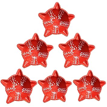 Red Colour Five Faces Diyas Set With Cotton Wicks - HandPainted Eathernware Clay Made/Terracotta Diya/Oil Lamp/Mitti Diya/Pooja Candle For Diwali Puja, Navratri, Durga Pooja Home Decoration & Gifts - 6 Pcs Set