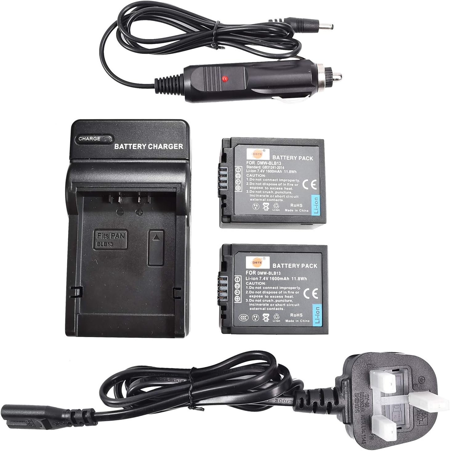 DSTE 2x DMW-BLB13 Li-ion Battery + DC67U Travel and Car Charger Compatible with Panasonic Lumix DMC-G1 DMC-G2 DMC-G10 DMC-GF1 DMC-GH1 Camera as Panasonic DMW-BLB13E DMW-BLB13GK