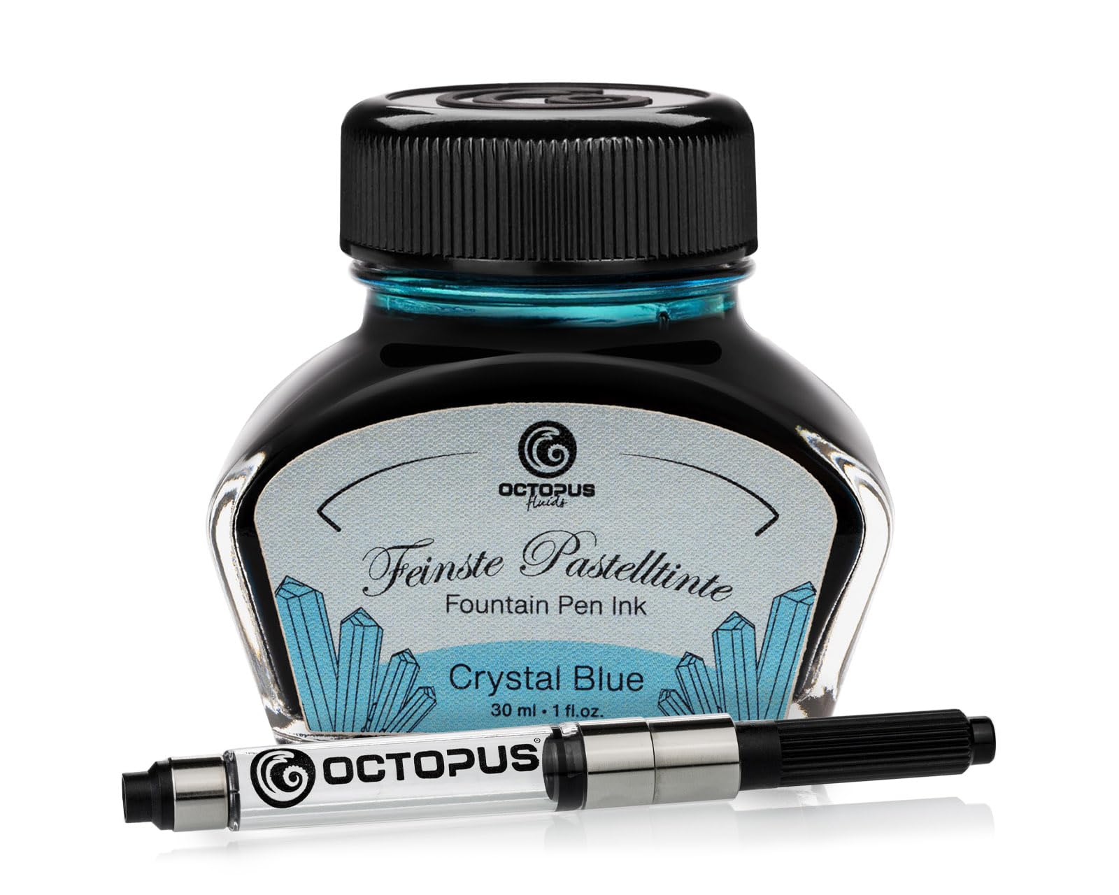 Octopus Fluids Crystal Blue - Fountain Pen Ink in Pastel Colours, Converter Included, Writing Ink in Inkwell, Blue 30 ml
