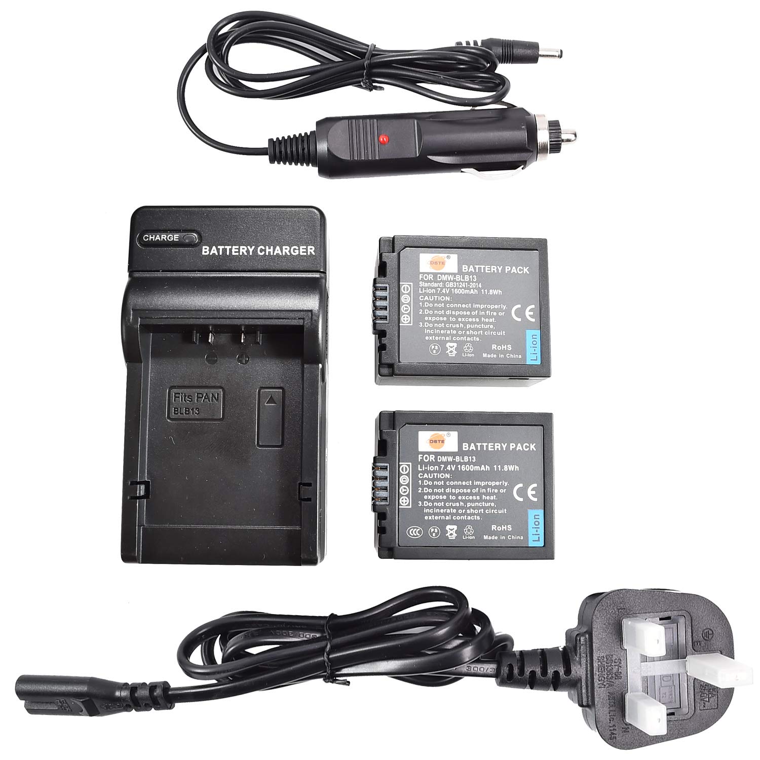 DSTE 2x DMW-BLB13 Li-ion Battery + DC67U Travel and Car Charger Compatible with Panasonic Lumix DMC-G1 DMC-G2 DMC-G10 DMC-GF1 DMC-GH1 Camera as Panasonic DMW-BLB13E DMW-BLB13GK
