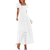 PRETTYGARDEN Summer Dresses for Women 2026 Eyelet Square Neck Puff Sleeve Smocked Wedding Guest Maxi Dress with Pockets