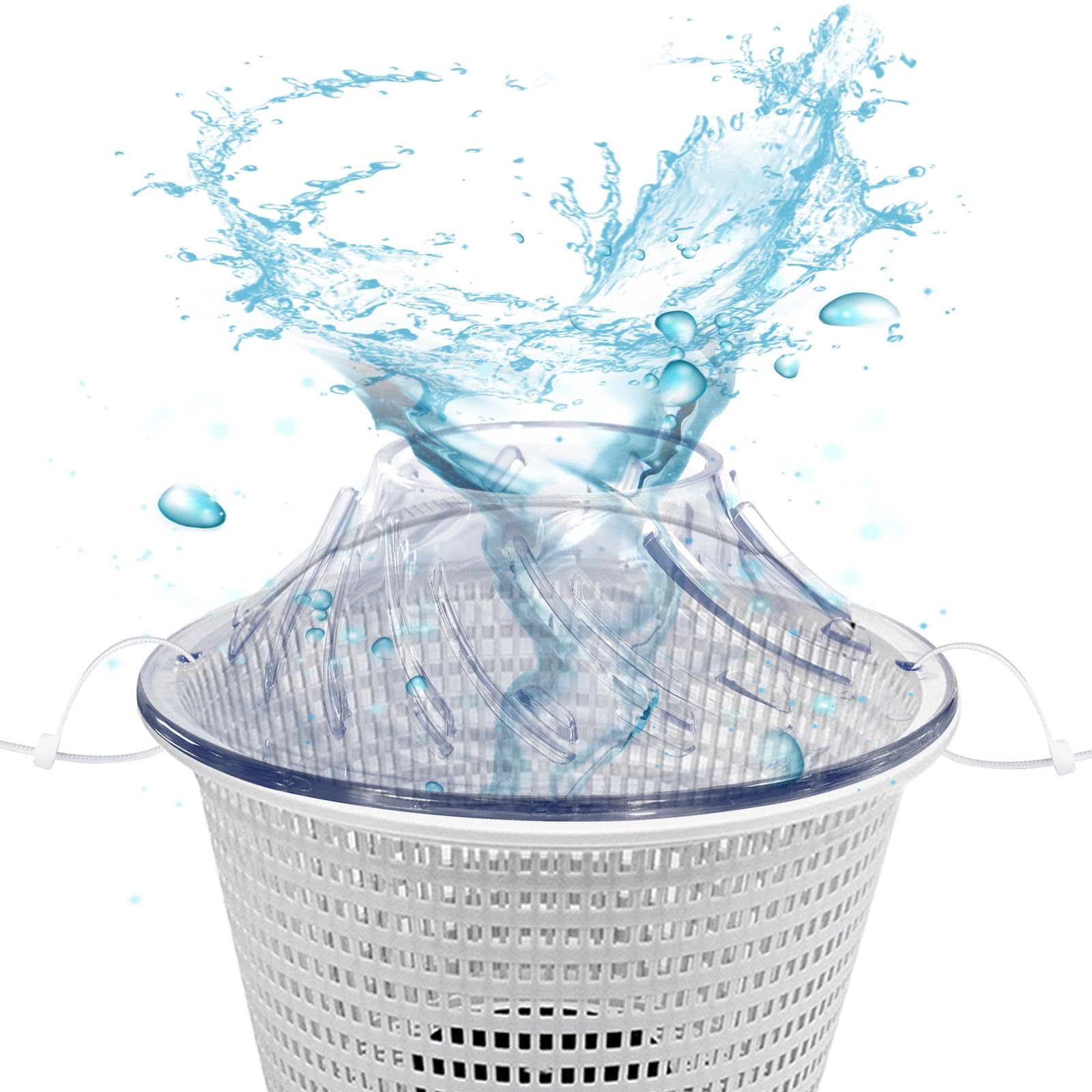 Photo 1 of 1 Pc Transparent Pool Skimmer Basket Turbocharger, 8'' Adjustable Water Flow Funnel W/Anti Drift Fixed Hole & Ties, for Any Pool Water Level, Direct the Water Flow, Improves Pool Surface Cleaning