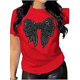 RoseSeek Women's Rhinestone Sequin Bowknot Graphic Tees Short Sleeve Crewneck Summer Tops Going Out T Shirt