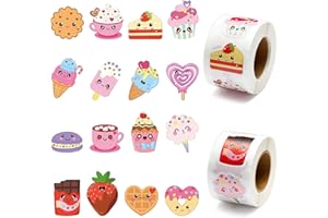 W1cwey 1000pcs Valentine’s Sweet Dessert Sticker Rolls(2 Rolls), 16 Designs Cartoon Dessert Valentine Theme Stickers Cute Cake Ice Cream Cookie Chocolate Self-Adhesive Decorative Decals Party Supplies